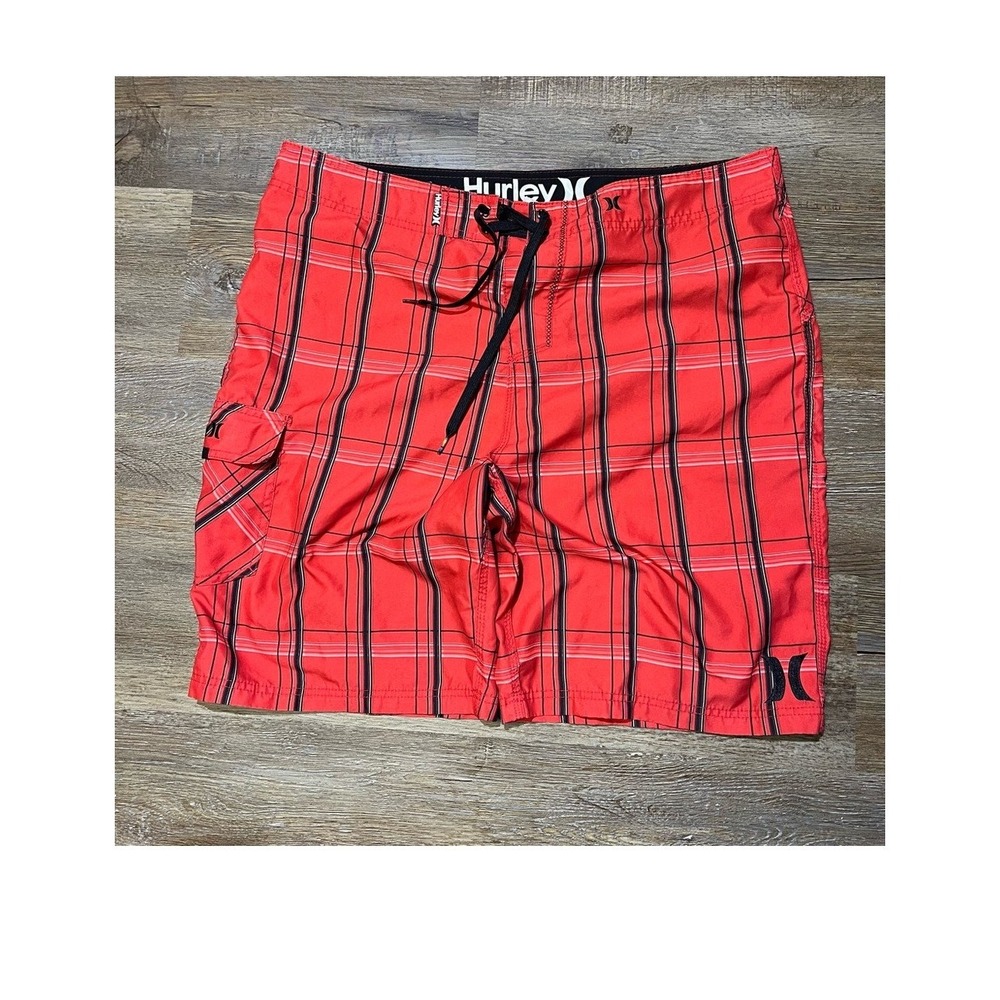 Hurley Mens W38 Red Black Plaid Board Shorts Y2K Surf Swim Trunks C2141-00